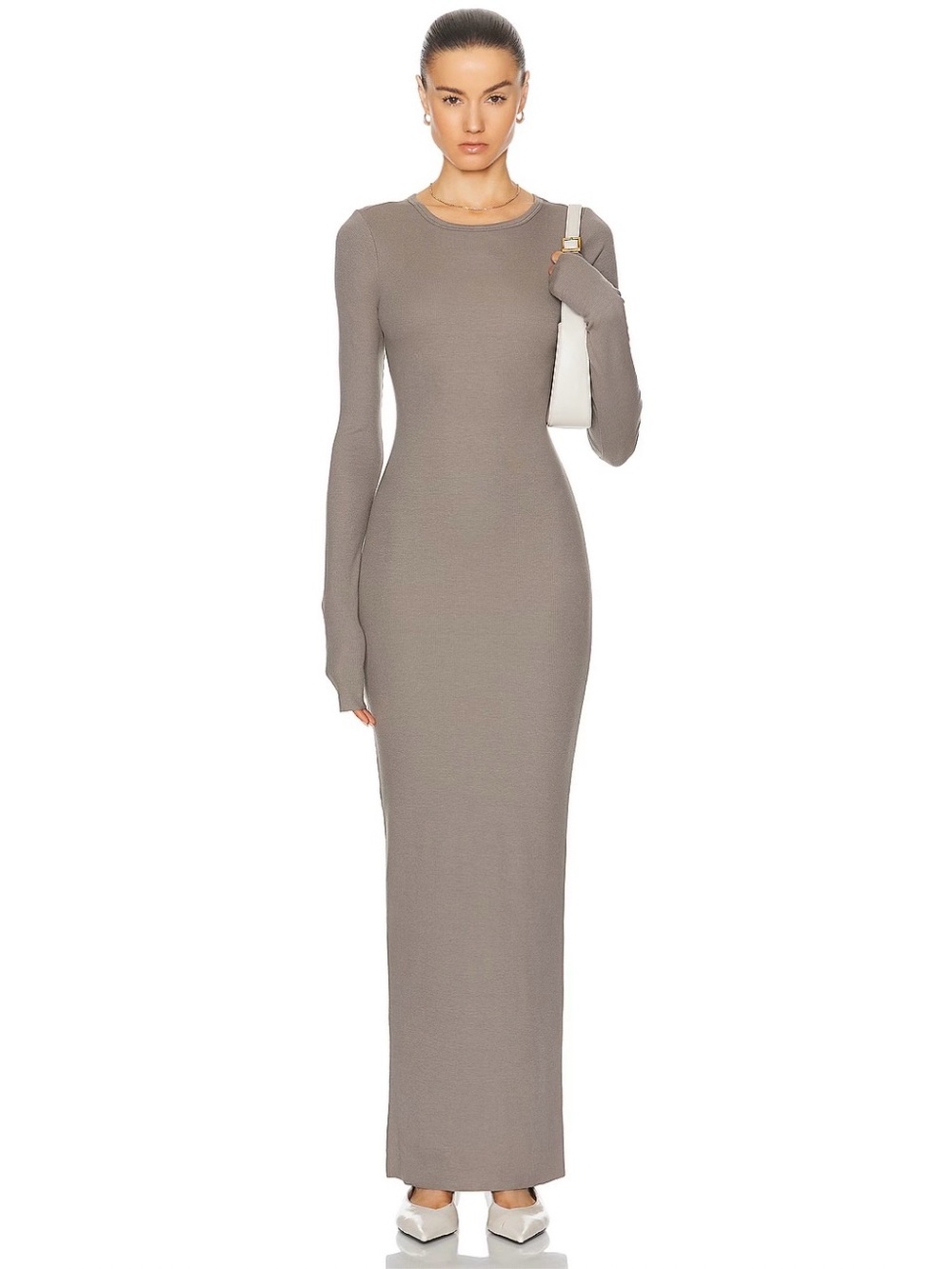 ETERNE Long Sleeve Crewneck Maxi Dress Clay Taupe Size M Ribbed